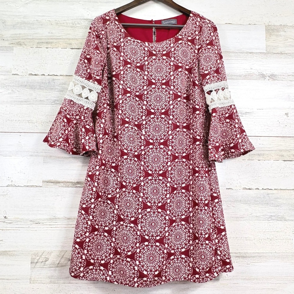Luxology Burgundy Red White Mandala Bell Sleeve Crochet A Line Dress Size 6 Boho